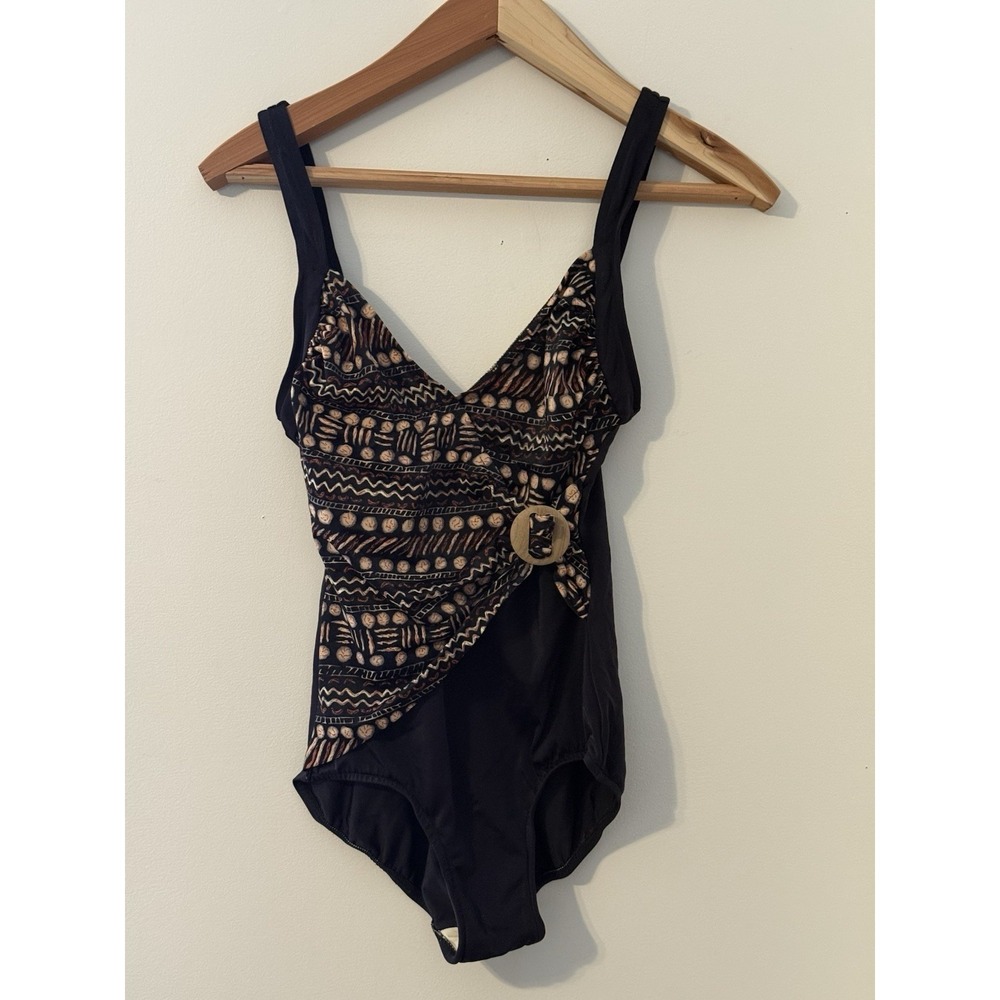 Elizabeth Stewart Vintage One-Piece Swimsuit Black Beige Size 12 Boho